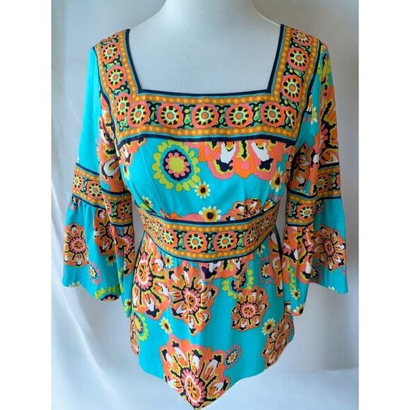 Trina Turk Silk Turquoise Gypsy Medallion Blouse Quarter Peplum Sleeve Size 4 - Picture 8 of 9